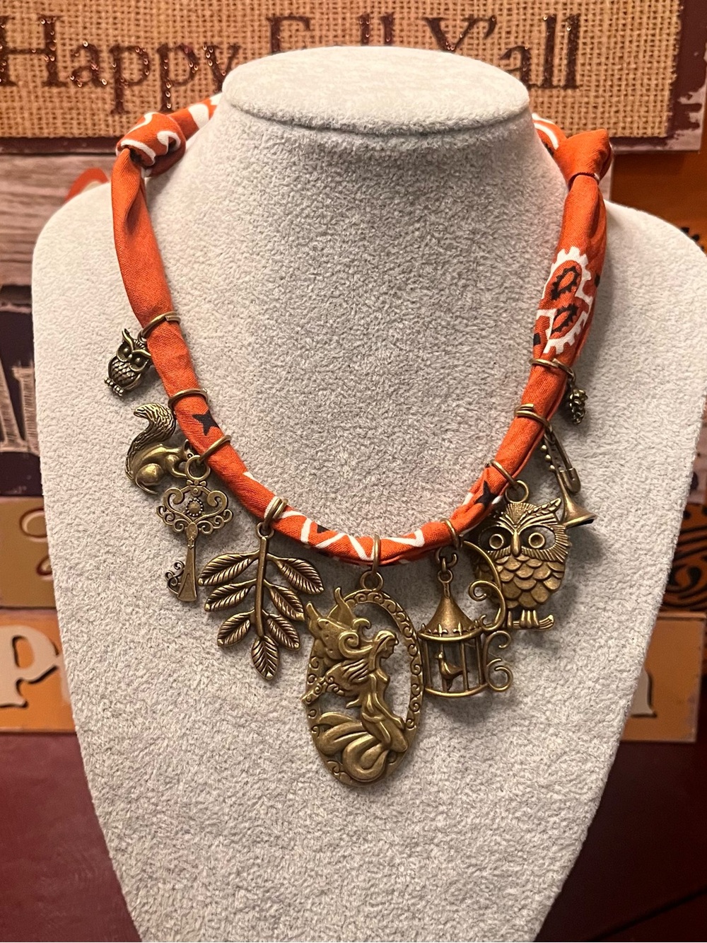 Boho Charm Pendant Necklace with Orange Fabric Cord